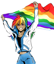 Size: 1280x1513 | Tagged: safe, artist:ddhew, rainbow dash, human, belly button, finland, gay pride flag, humanized, lgbt, lovewins, midriff, pride, solo, tracksuit