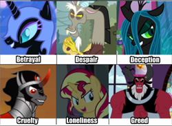 Size: 496x364 | Tagged: safe, discord, king sombra, lord tirek, nightmare moon, queen chrysalis, sunset shimmer, changeling, changeling queen, pony, antagonist, elements of harmony