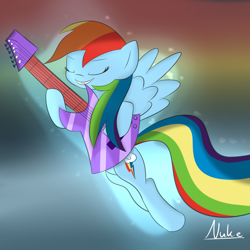 Size: 2000x2000 | Tagged: safe, artist:nuke928, rainbow dash, pegasus, pony, blue coat, female, guitar, mare, multicolored mane, solo