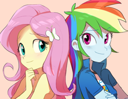 Size: 900x700 | Tagged: dead source, safe, artist:baekgup, fluttershy, rainbow dash, equestria girls, back to back, blushing, clothes, female, simple background, smiling