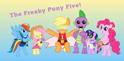 Size: 1450x720 | Tagged: safe, artist:navitaserussirus, derpibooru import, applejack, fluttershy, pinkie pie, rainbow dash, spike, twilight sparkle, dragon, earth pony, pegasus, pony, ape escape 2, crossover, mane seven, robot spike