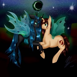 Size: 960x960 | Tagged: safe, artist:nightmarederpy, queen chrysalis, oc, oc:poisoned soul, changeling, changeling queen, canon x oc, changelingified, chrysalislover