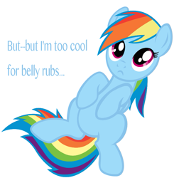 Size: 739x753 | Tagged: artist needed, source needed, safe, rainbow dash, pegasus, pony, :c, bellyrubs, blatant lies, bronybait, cute, dashabetes, on back, simple background, solo, white background