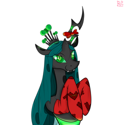 Size: 2048x2048 | Tagged: safe, artist:briarspark, queen chrysalis, changeling, changeling queen, bedroom eyes, bow, clothes, fangs, looking at you, smiling, socks, solo