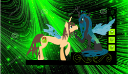 Size: 1024x594 | Tagged: safe, artist:serenitydragonwing, queen chrysalis, oc, oc:poisoned soul, changeling, changeling queen, canon x oc, changelingified, chrysalislover, shipping