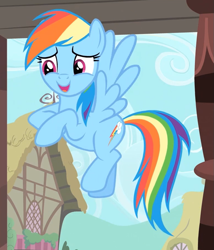 Size: 775x905 | Tagged: safe, screencap, rainbow dash, pegasus, pony, three's a crowd, cute, flying, open mouth, smiling, solo, spread wings