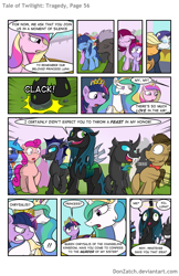 Size: 792x1224 | Tagged: safe, artist:donzatch, applejack, princess celestia, queen chrysalis, rarity, twilight sparkle, twilight sparkle (alicorn), alicorn, changeling, changeling queen, earth pony, pony, unicorn, comic:tale of twilight, comic, evil grin, female, mare