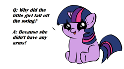 Size: 1194x668 | Tagged: safe, derpibooru import, twilight sparkle, pony, unicorn, dialogue, exploitable meme, female, filly, filly twilight telling an offensive joke, horn, looking at you, meme, multicolored mane, multicolored tail, purple coat, simple background, sitting, smiling, solo, talking to viewer, underhoof, white background