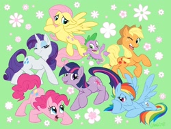 Size: 1024x776 | Tagged: safe, artist:lawlzy, derpibooru import, applejack, fluttershy, pinkie pie, rainbow dash, rarity, spike, twilight sparkle, dragon, earth pony, pegasus, pony, unicorn, mane seven, mane six