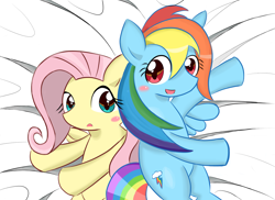 Size: 1936x1408 | Tagged: safe, artist:timorikawa, fluttershy, rainbow dash, pegasus, pony, backwards cutie mark, pixiv