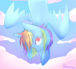 Size: 1024x926 | Tagged: safe, artist:bae-mon, rainbow dash, pegasus, pony, cloud, cloudy, falling, flying, looking at you, smiling, solo, spread wings