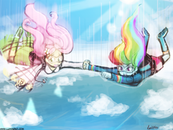 Size: 960x720 | Tagged: safe, artist:lumineko, fluttershy, rainbow dash, equestria girls, commission, falling, goggles, skydiving