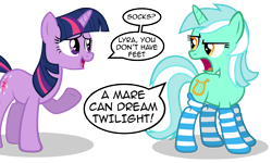 Size: 7744x4642 | Tagged: safe, artist:austiniousi, derpibooru import, lyra heartstrings, twilight sparkle, absurd resolution, clothes, dialogue, exclamation point, feet, fetish, implied foot fetish, leg fetish, mlp forum, open mouth, question mark, raised hoof, simple background, smiling, socks, speech bubble, striped socks, transparent background, unamused, underhoof, vector