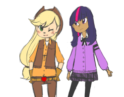 Size: 700x548 | Tagged: safe, artist:lovechafes, derpibooru import, applejack, twilight sparkle, humanized