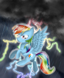 Size: 900x1100 | Tagged: safe, artist:chanceyb, rainbow dash, pegasus, pony, glow, lightning, rain