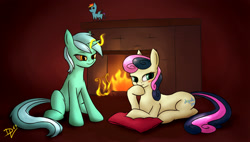 Size: 2617x1482 | Tagged: safe, artist:danli69, bon bon, lyra heartstrings, rainbow dash, sweetie drops, pegasus, pony, female, fireplace, lesbian, lyrabon, lyre, magic, shipping