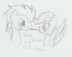 Size: 639x511 | Tagged: safe, artist:rainbowdash212, rainbow dash, soarin', pegasus, pony, blushing, female, male, pocky, shipping, soarindash, straight, traditional art