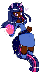 Size: 1024x1866 | Tagged: safe, artist:ashourii, derpibooru import, twilight sparkle, dark skin, eared humanization, horned humanization, humanized, magic, simple background, solo, tailed humanization