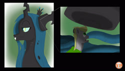 Size: 2878x1641 | Tagged: safe, artist:vancepar08, queen chrysalis, oc, oc:sleepy book, changeling, changeling queen, inside mane, mane, micro, scalp, tiny ponies, unaware