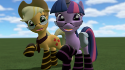 Size: 1364x768 | Tagged: safe, artist:zerandomdokthurr, derpibooru import, applejack, twilight sparkle, earth pony, pony, 3d, clothes, glasses, gmod, socks, striped socks