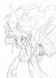 Size: 1280x1761 | Tagged: safe, artist:mirapony, queen chrysalis, changeling, changeling queen, female, grayscale, monochrome, sketch, solo, traditional art