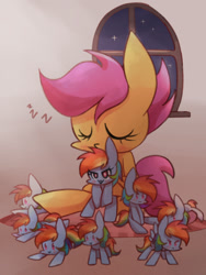 Size: 768x1024 | Tagged: safe, artist:joycall6, rainbow dash, scootaloo, pegasus, pony, female, filly, plushie, sleeping, solo focus, too many rainbow dashes, window, zzz