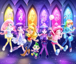 Size: 1660x1407 | Tagged: safe, artist:kagomesarrow, derpibooru import, angel bunny, applejack, fluttershy, pinkie pie, rainbow dash, rarity, spike, twilight sparkle, clothes, humanized, mane seven, skirt