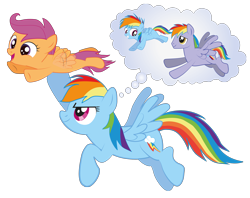 Size: 2500x1976 | Tagged: safe, artist:raggyrabbit94, rainbow blaze, rainbow dash, scootaloo, pegasus, pony, sleepless in ponyville, assisted flying, best pony, cute, cutealoo, dashabetes, father and child, father and daughter, female, filly, flapping, flying, grin, happy, heartwarming, looking back, male, mare, open mouth, parent and child, scootalove, simple background, smiling, smirk, spread wings, squee, stallion, thought bubble, transparent background, underhoof, wings