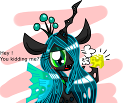 Size: 1030x850 | Tagged: safe, artist:lovehtf421, queen chrysalis, changeling, changeling queen, annoyed, blushing, cheese, cheeselegs, impossibly large ears, looking at you, solo