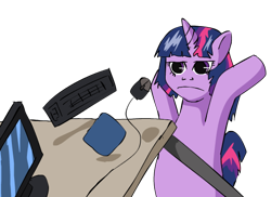 Size: 550x400 | Tagged: safe, artist:mixermike622, derpibooru import, twilight sparkle, computer, reaction image, solo, table flip