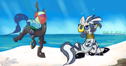 Size: 1224x648 | Tagged: safe, artist:auroriia, queen chrysalis, zecora, changeling, changeling queen, zebra, beach, beach ball