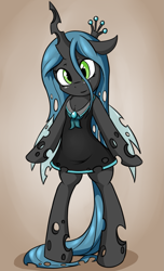 Size: 1213x2000 | Tagged: safe, artist:fearingfun, queen chrysalis, changeling, changeling queen, semi-anthro, bipedal, clothes, cute, cutealis, dress, female, schoolgirl, short dress, solo, younger