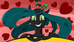 Size: 1920x1080 | Tagged: safe, artist:briarspark, queen chrysalis, changeling, changeling queen, grin, heart, heart eyes, kitchen eyes, looking at you, solo, wingding eyes