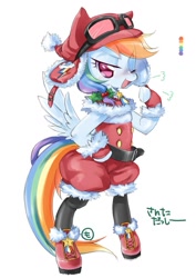 Size: 723x1023 | Tagged: safe, artist:mococo, rainbow dash, pegasus, pony, bipedal, color palette, female, goggles, mare, open mouth, rainbow dash always dresses in style, shoes, signature, simple background, sneakers, solo, white background