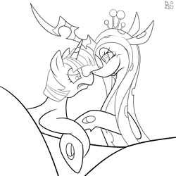 Size: 2048x2048 | Tagged: safe, artist:briarspark, queen chrysalis, twilight sparkle, changeling, changeling queen, pony, unicorn, boop, monochrome, noseboop