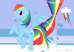 Size: 5000x3500 | Tagged: safe, artist:ricktin, rainbow dash, pegasus, pony, blue coat, female, mare, medium, multicolored mane, poster, solo