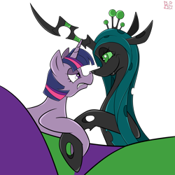 Size: 2048x2048 | Tagged: safe, artist:briarspark, queen chrysalis, twilight sparkle, changeling, changeling queen, pony, unicorn, angry, boop, glare, noseboop, smiling