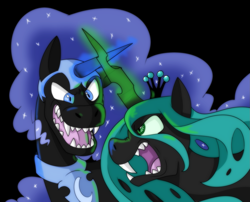 Size: 1589x1287 | Tagged: safe, artist:itsaaudraw, nightmare moon, queen chrysalis, changeling, changeling queen, fight, sharp teeth