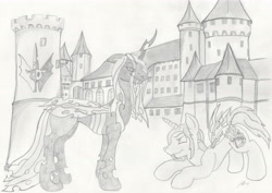 Size: 6784x4800 | Tagged: safe, artist:scotchmacmanus, queen chrysalis, oc, oc:poisoned soul, changeling, changeling queen, absurd resolution, castle, changelingified, chrysalislover, monochrome, traditional art
