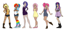 Size: 1280x605 | Tagged: safe, artist:jadeariel, derpibooru import, applejack, fluttershy, pinkie pie, rainbow dash, rarity, twilight sparkle, clothes, converse, dress, humanized, mane six, shoes