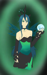 Size: 1200x1900 | Tagged: safe, artist:mrbutlerman, queen chrysalis, human, clothes, crystal ball, dress, eared humanization, horned humanization, humanized, solo, winged humanization