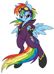 Size: 2929x4001 | Tagged: safe, artist:bork88, artist:dfectivedvice, rainbow dash, pegasus, pony, semi-anthro, absurd resolution, bipedal, chest fluff, clothes, costume, female, goggles, grin, mare, shadowbolt dash, shadowbolts, shadowbolts costume, simple background, solo, transparent background, vector
