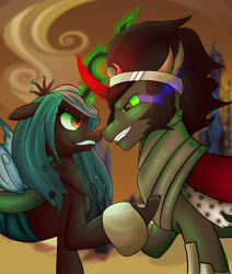 Size: 4293x5062 | Tagged: safe, artist:robothehoobo, king sombra, queen chrysalis, changeling, changeling queen, unicorn, absurd resolution, female, horn, male, stallion