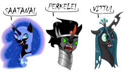 Size: 3600x2100 | Tagged: safe, artist:sadlylover, king sombra, nightmare moon, queen chrysalis, changeling, changeling queen, pony, unicorn, angry, antagonist, finnish, group, simple background, transparent background, vulgar