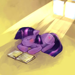 Size: 900x900 | Tagged: safe, artist:cr-applesauce, derpibooru import, twilight sparkle, book, sleeping, solo, sunlight