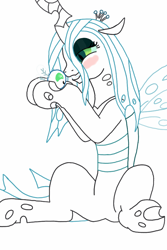 Size: 640x960 | Tagged: safe, artist:gunbunny-haruko, queen chrysalis, changeling, changeling queen, parasprite, nuzzling, smiling