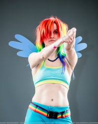 Size: 1266x1600 | Tagged: safe, rainbow dash, human, belly button, clothes, cosplay, irl, irl human, midriff, photo, sports bra