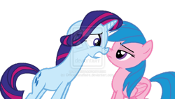 Size: 1024x576 | Tagged: safe, artist:official-lunaflaire, color edit, firefly, rainbow dash, rarity, sparkler (g1), pegasus, pony, unicorn, g1, the crystal empire, g1 to g4, generation leap, watermark