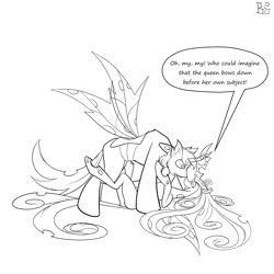 Size: 2048x2048 | Tagged: safe, artist:briarspark, queen chrysalis, oc, oc:poisoned soul, changeling, changeling queen, changelingified, chrysalislover, kabedon, monochrome, pinned, shipping