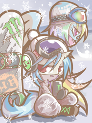 Size: 768x1024 | Tagged: safe, artist:fr3, dj pon-3, rainbow dash, vinyl scratch, pegasus, pony, unicorn, clothes, goggles, pixiv, snow, snowboard, snowfall